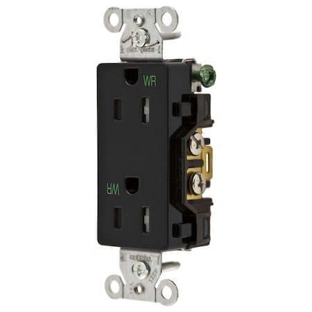 Hubbell Wiring Device-Kellems Straight Blade Receptacle, 5-15R, 15 A, 125V AC, 2 Pole, 3 Wire, Flush Mount, Grounded DR15BLKWRTR